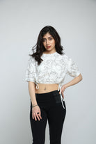 كيتشن بلوزة نص بطن نص كم برباط على الخصر نسائي أبيض