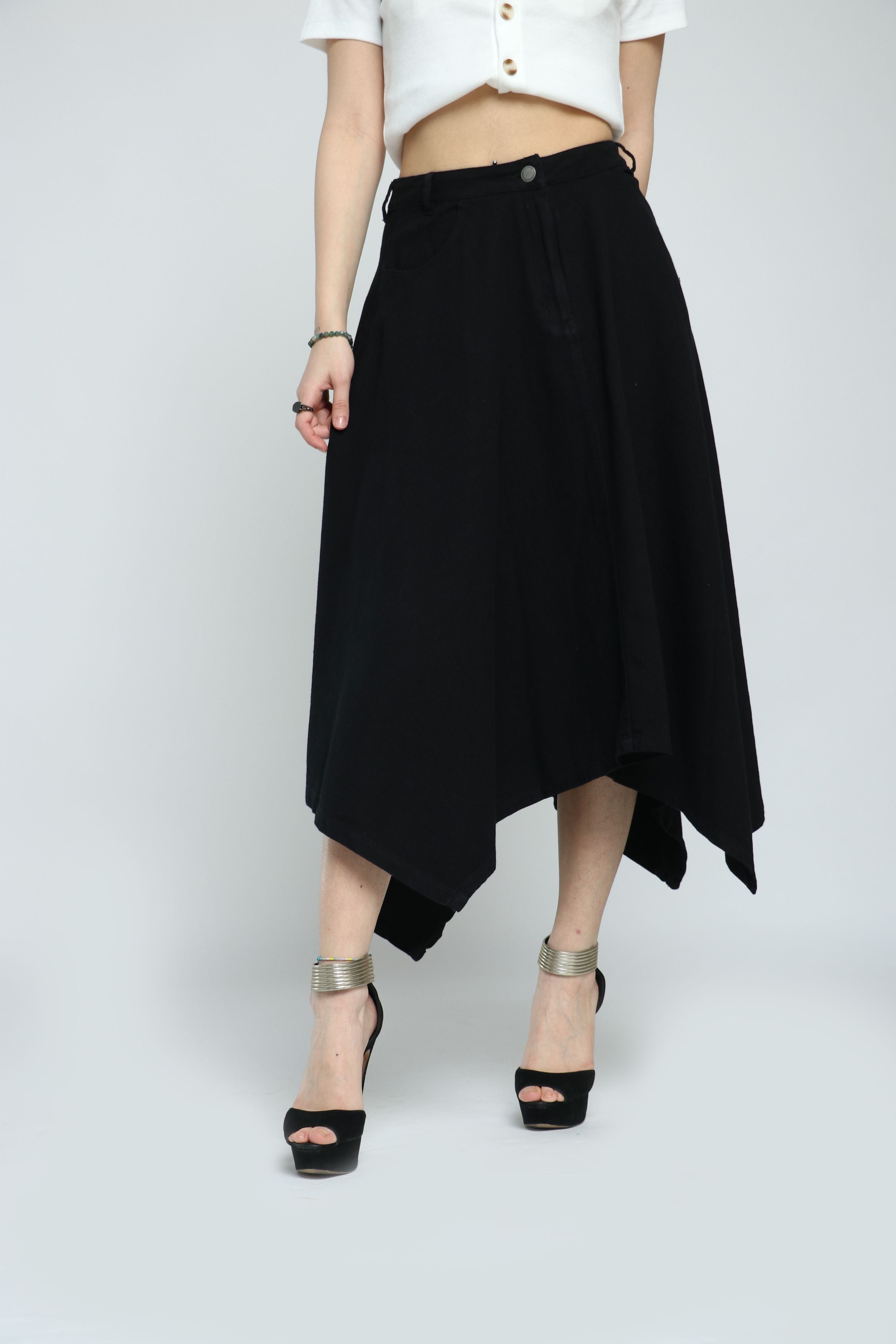 كيتشن تنورة ميدي نسيج قطن تصميم بنطلون بجيوب وزر غلق أمامي