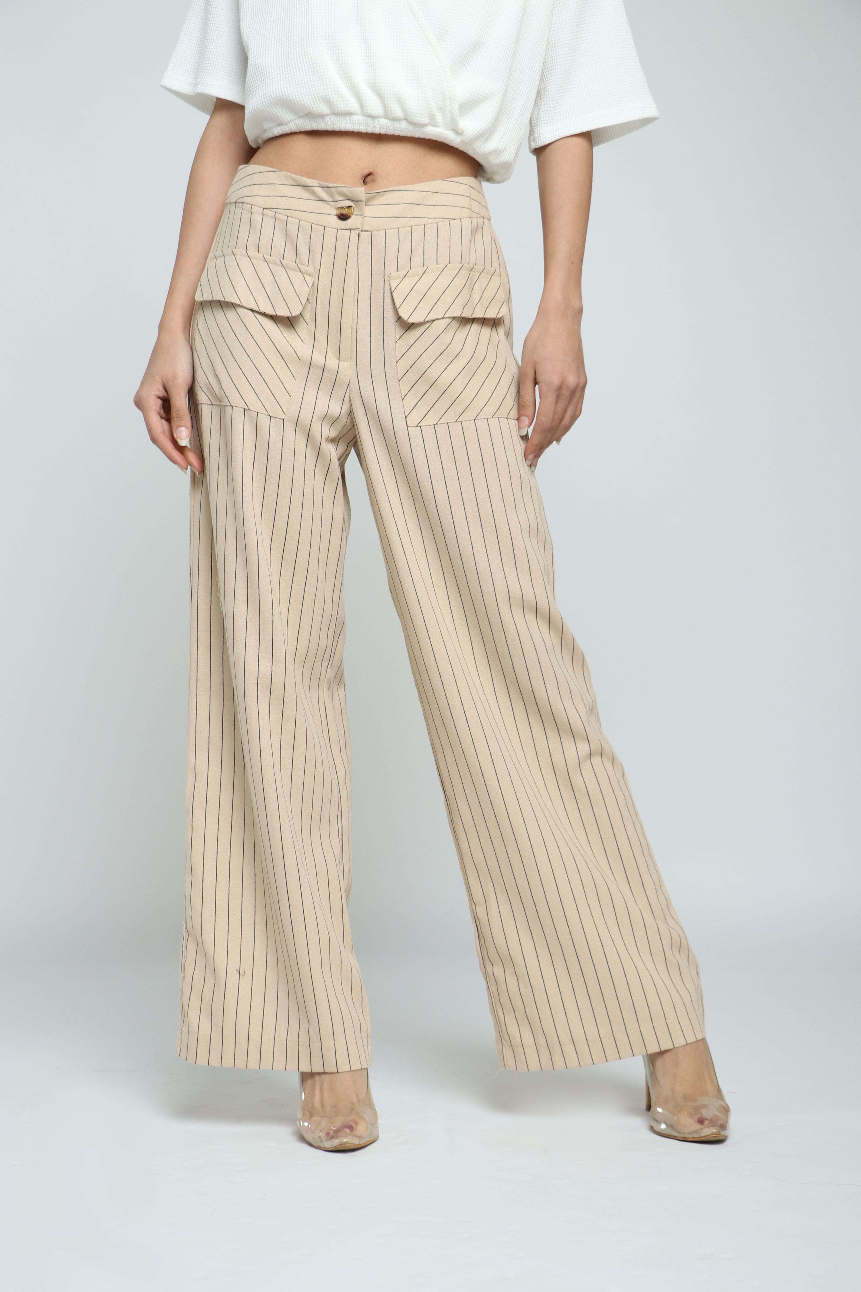 كيتشن سروال مخطط مع جيوب أمامية وزرار واسع طويل نسائي