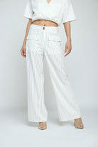 كيتشن سروال مخطط مع جيوب أمامية وزرار واسع طويل نسائي