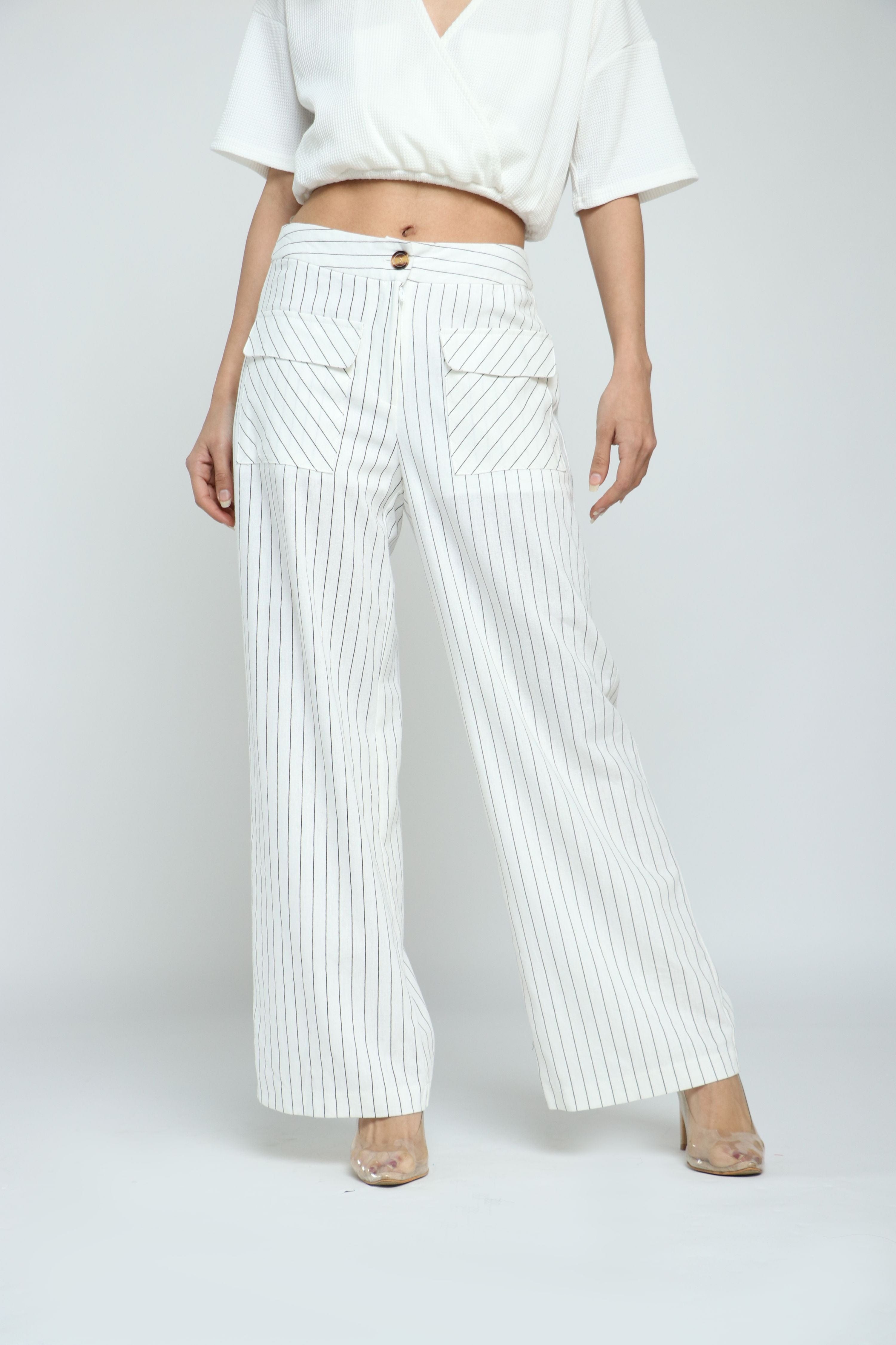 كيتشن سروال مخطط مع جيوب أمامية وزرار واسع طويل نسائي