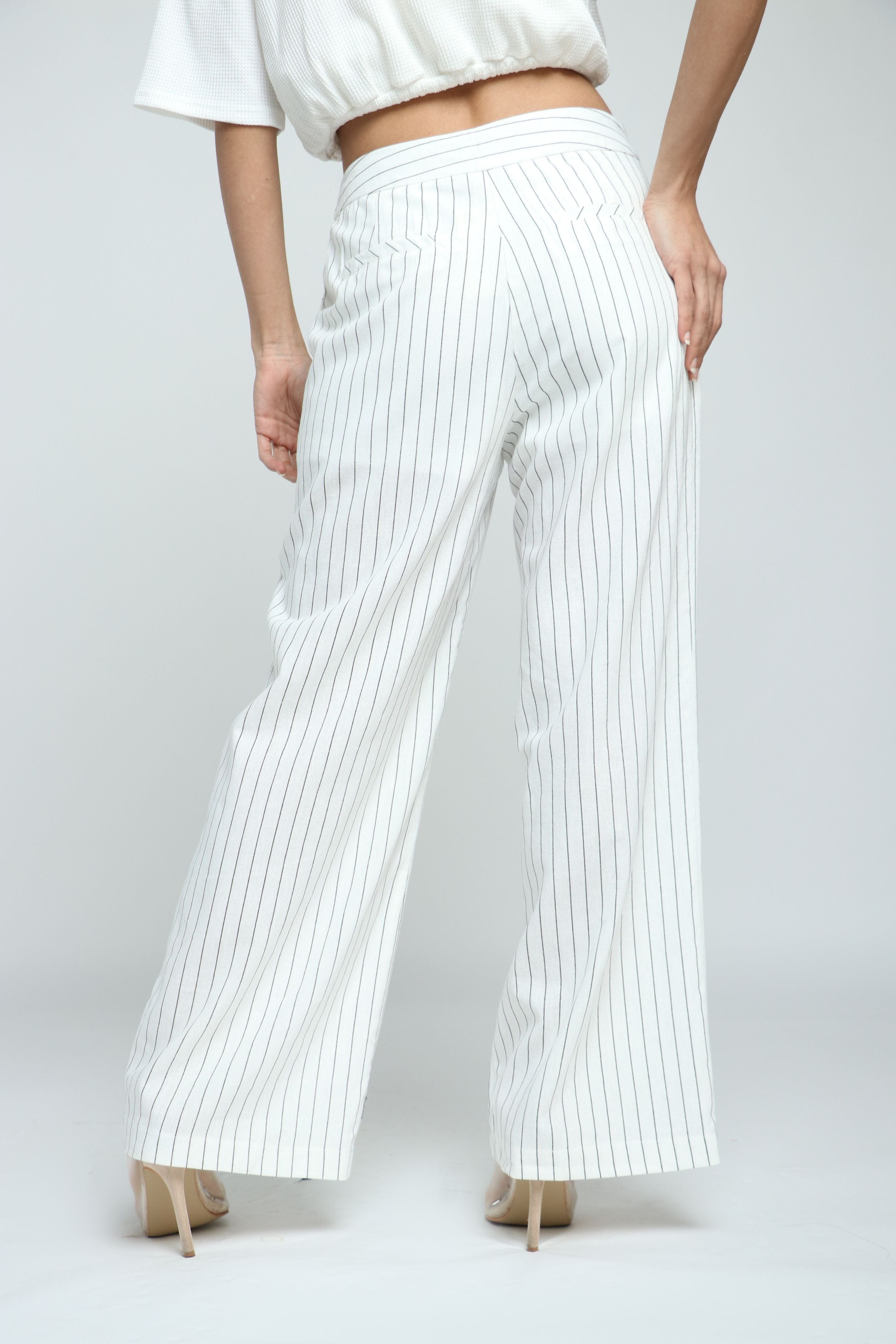 كيتشن سروال مخطط مع جيوب أمامية وزرار واسع طويل نسائي