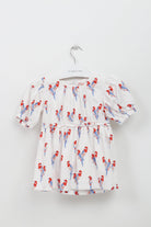 جينجرسنابس فستان منقوش نقشة طيور مخصر كم قصير بف رضع بناتي أبيض