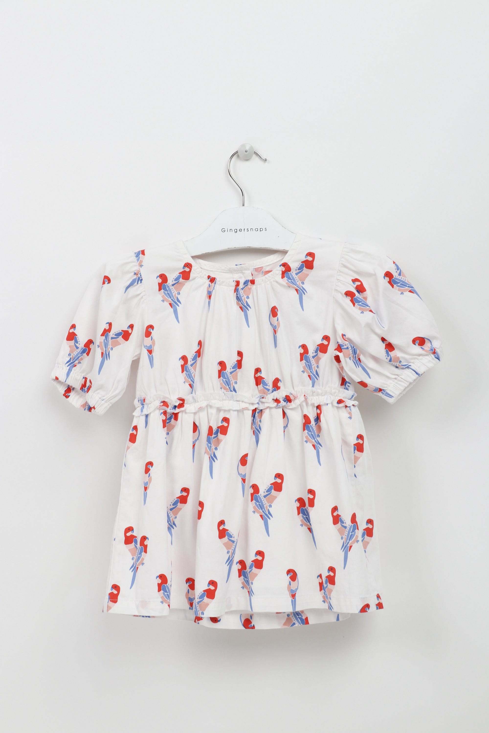 جينجرسنابس فستان منقوش نقشة طيور مخصر كم قصير بف رضع بناتي أبيض