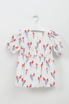 جينجرسنابس فستان منقوش نقشة طيور مخصر كم قصير بف رضع بناتي أبيض