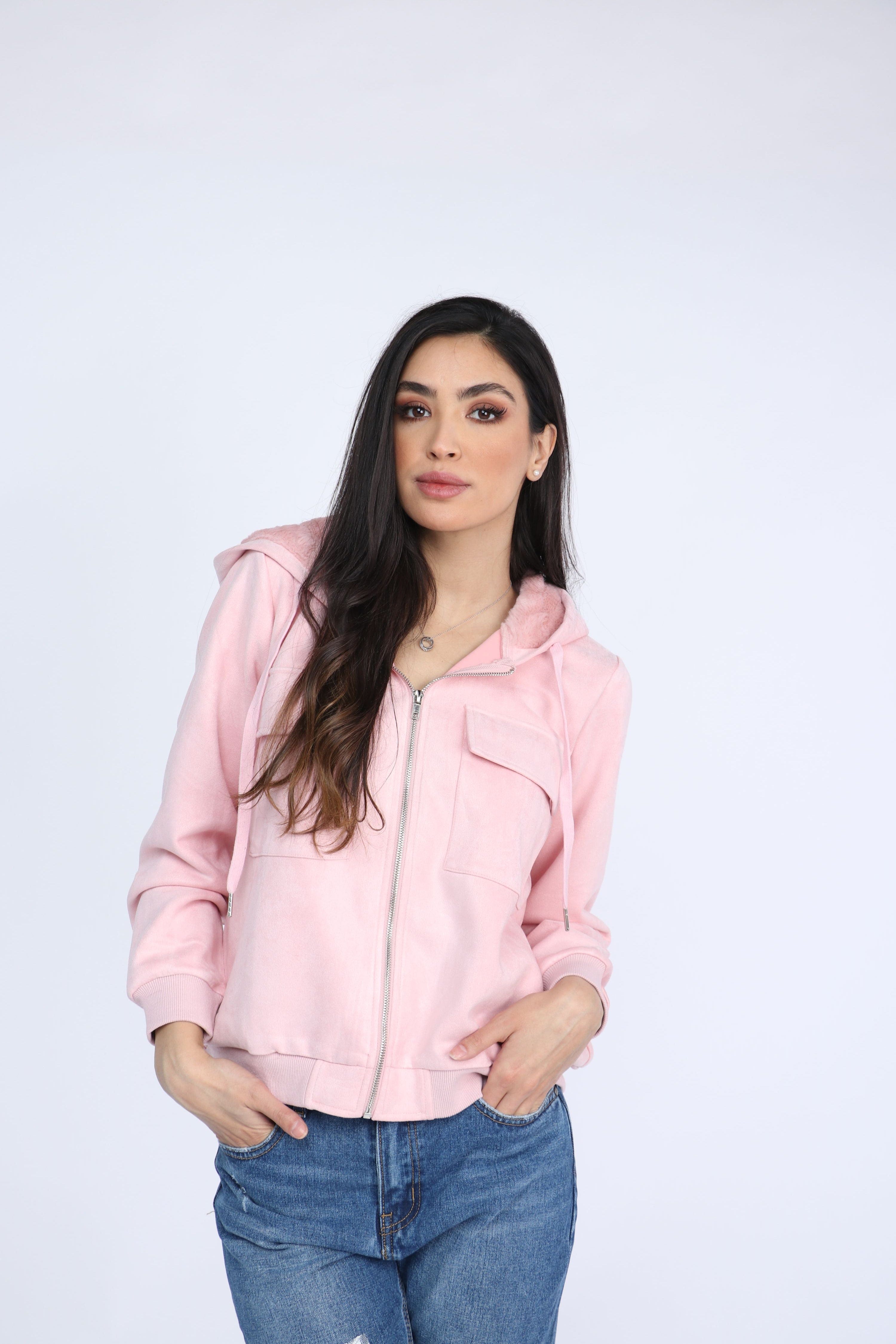 ميكا سترة سادة بسحاب بجيوب أمامية بأكمام طويلة