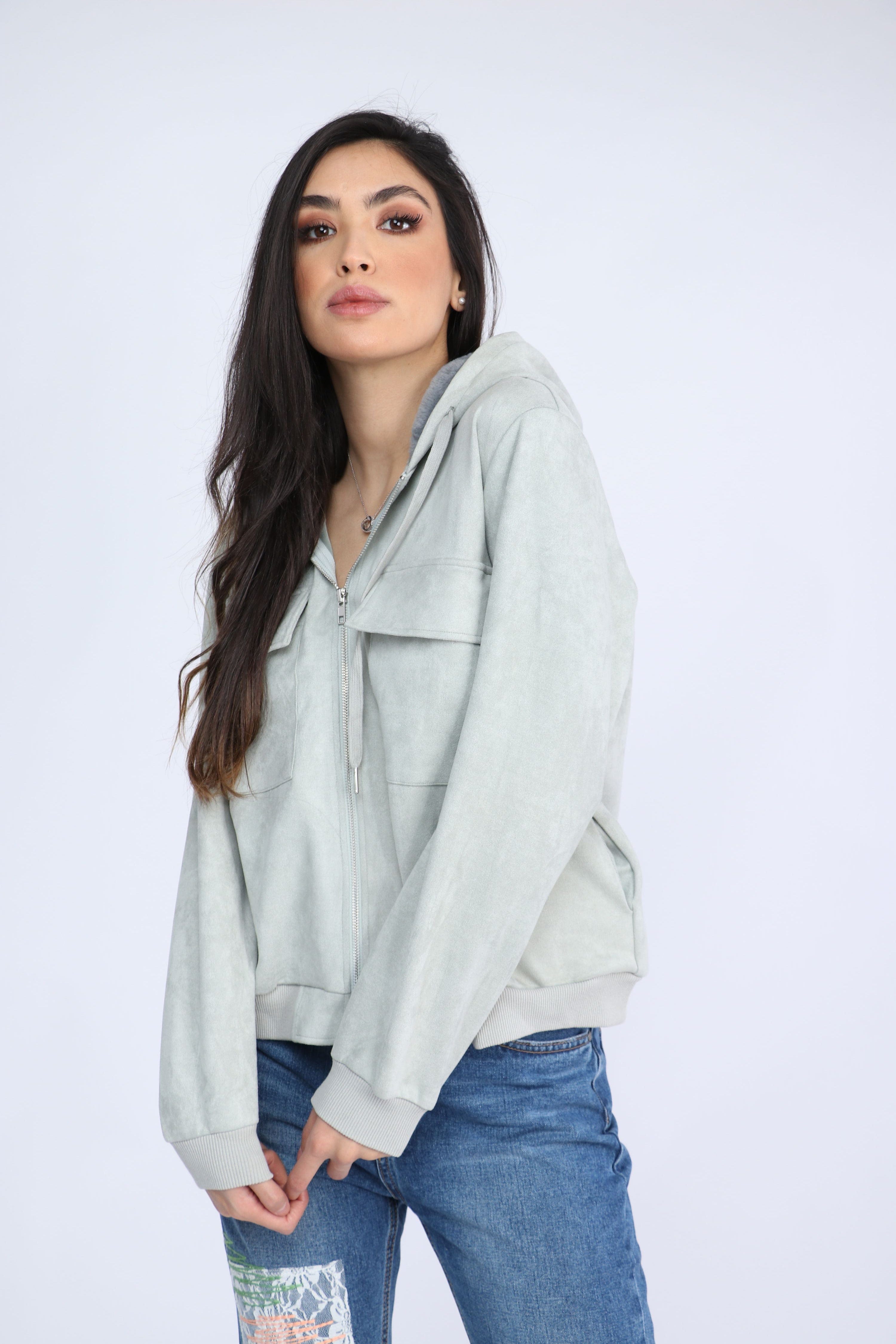 ميكا سترة سادة بسحاب بجيوب أمامية بأكمام طويلة