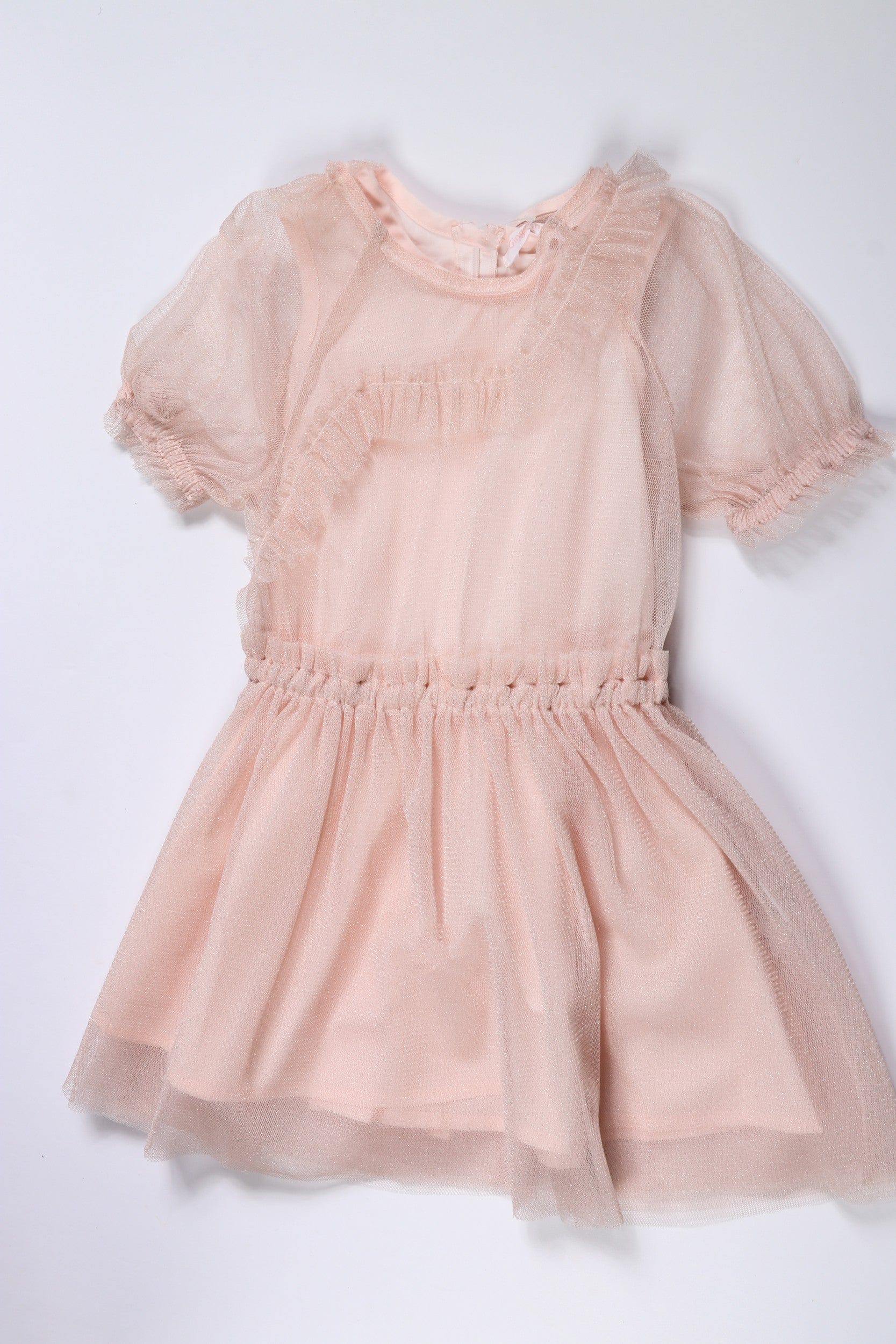 جينجرسنابس فستان بناتي دانتيل مكشكش نص كم سادة وردي