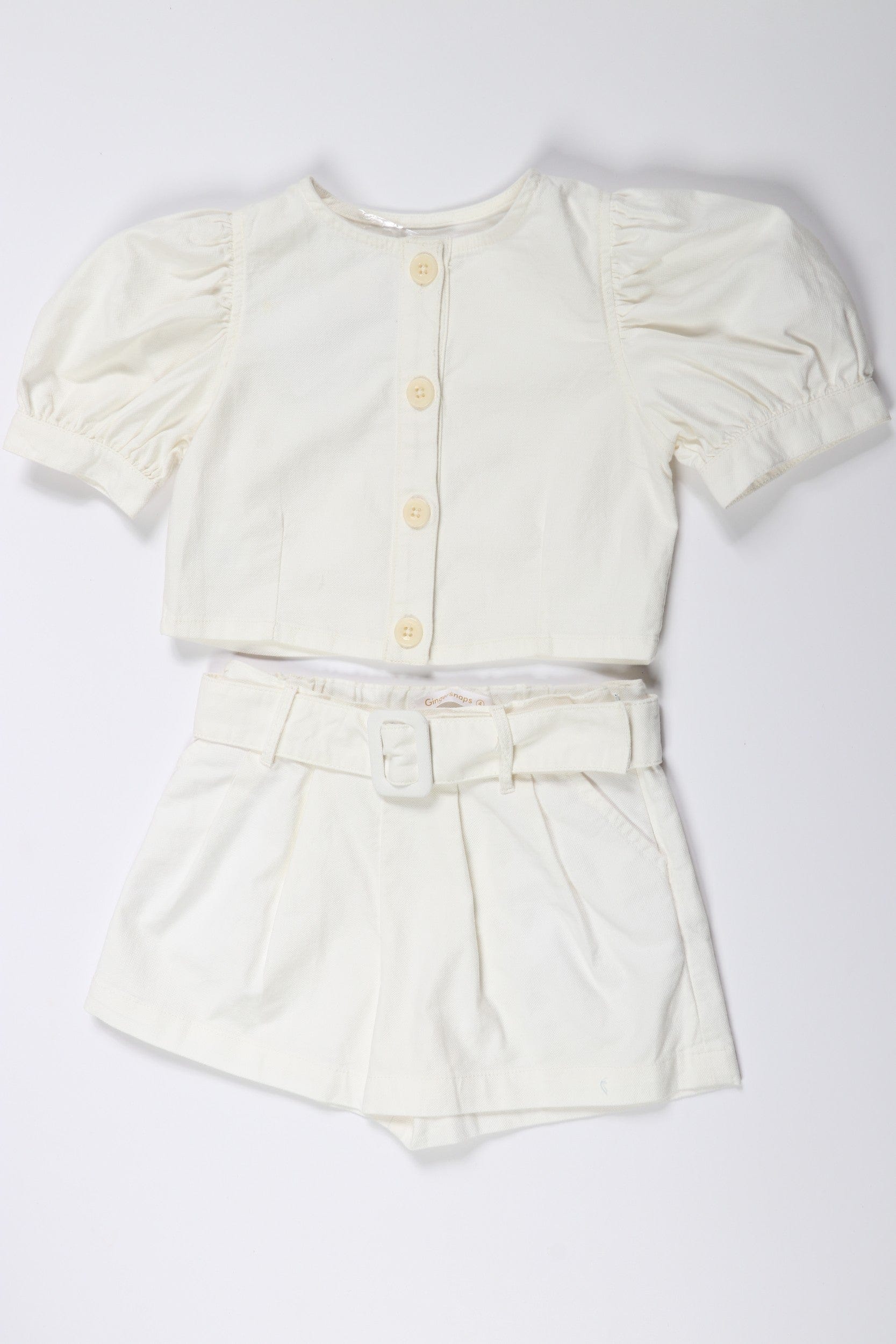 جينجرسنابس طقم شورت بناتي سادة وتيشيرت بأزرار أمامية أوف وايت