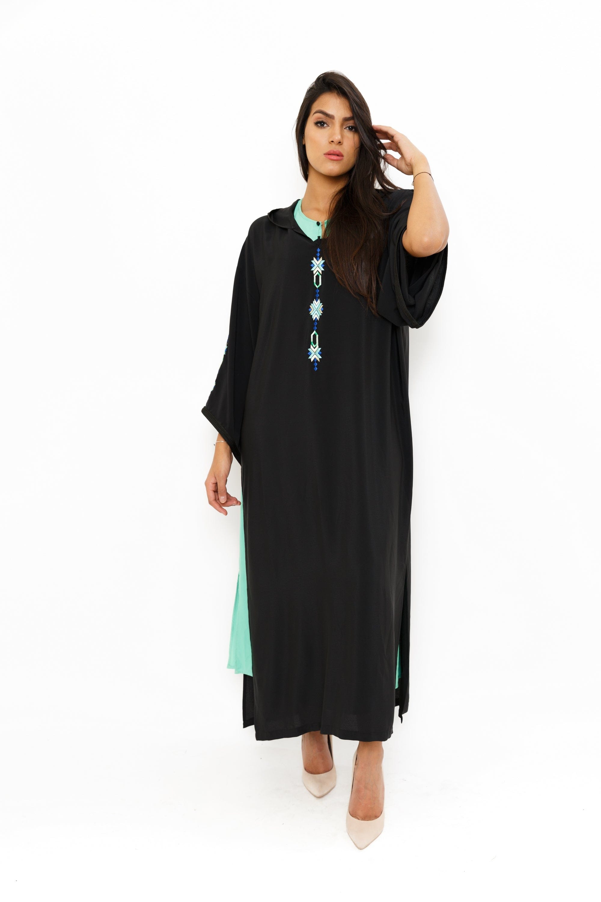 ديامانتين عباية مغربية عصرية كم طويل واسع نسائي أسود