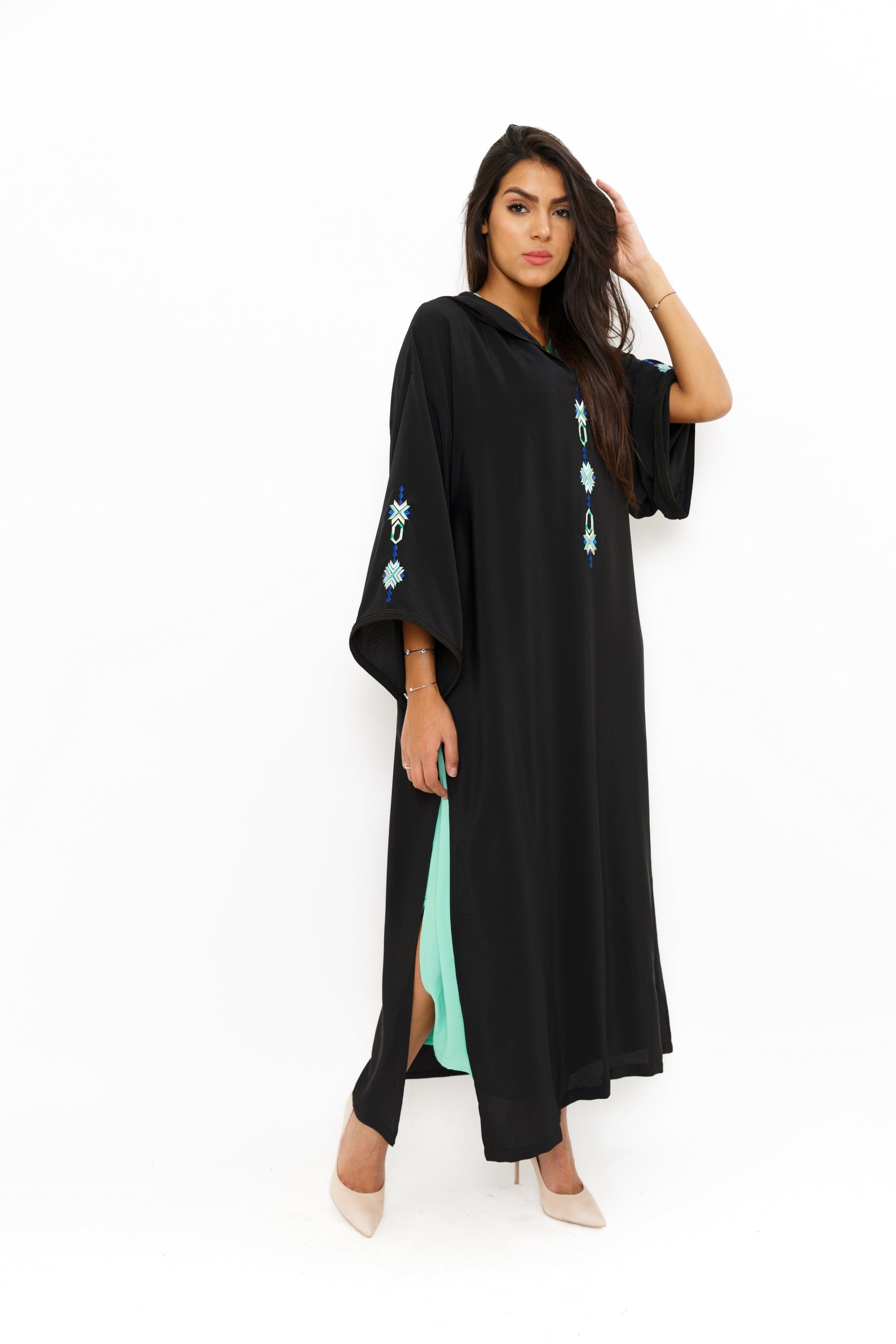 ديامانتين عباية مغربية عصرية كم طويل واسع نسائي أسود