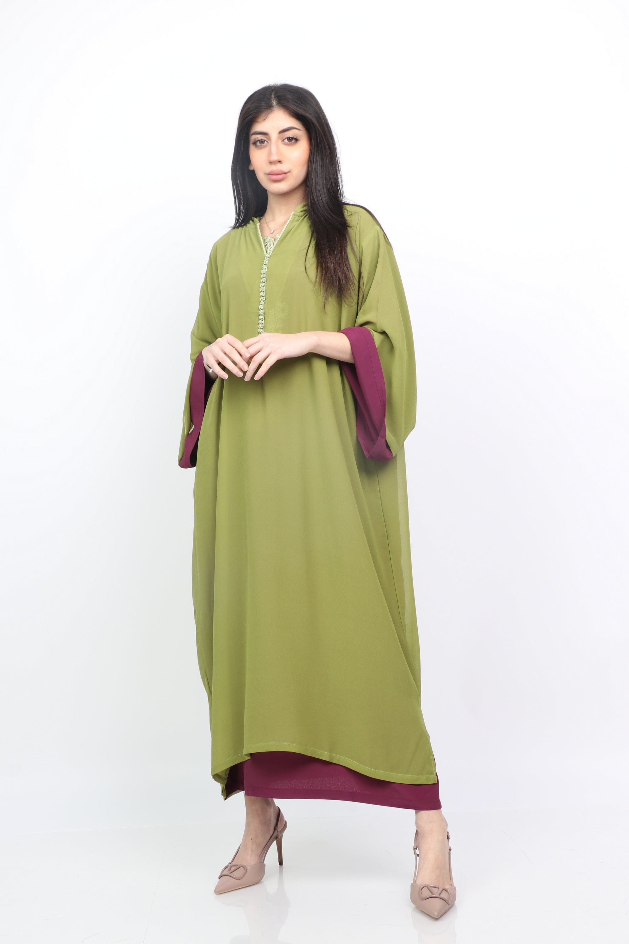 ديامانتين عباية واسعة سادة طويلة ملونة أكمام طويلة مع خط زيتوني