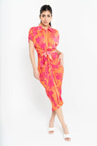 نتشي فستان ميدي أكمام قصير مشجر بحزام خصر