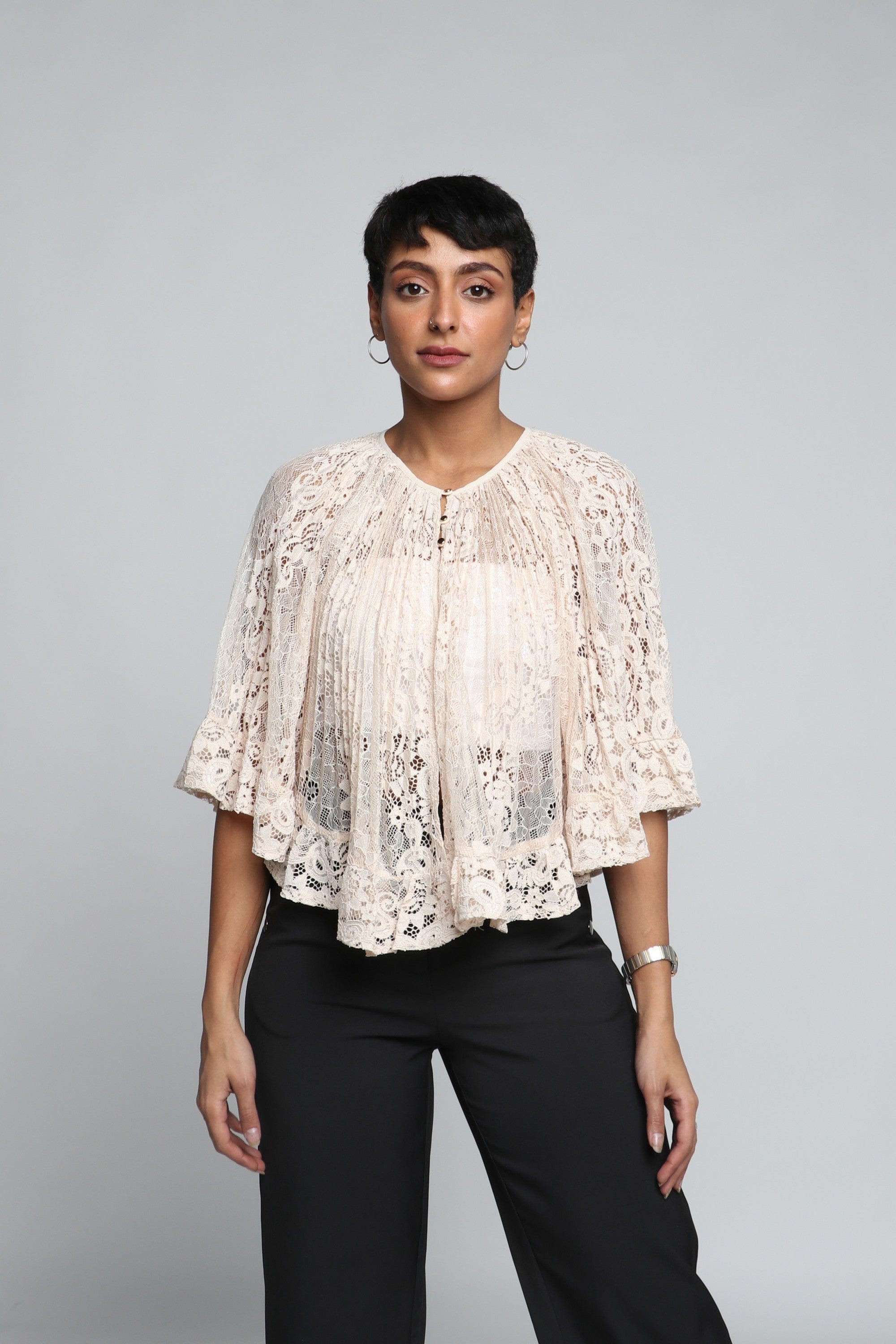 نتشي كارديجان قصير مخرم 3/4 كم نسائي بيج