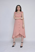 نتشي فستان ميدي بوليستر بأزرار من الأمام بكم قصير