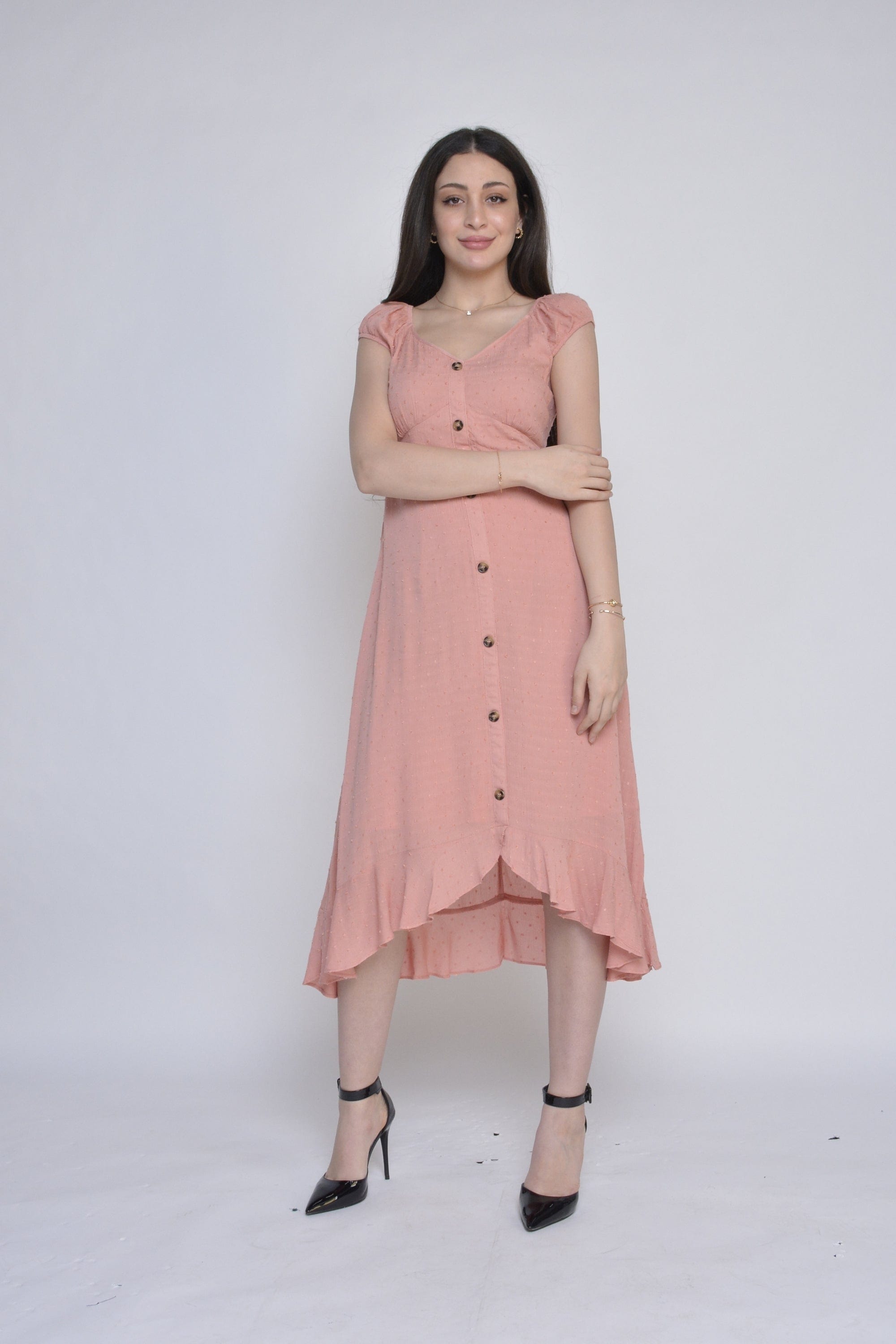 نتشي فستان ميدي بوليستر بأزرار من الأمام بكم قصير