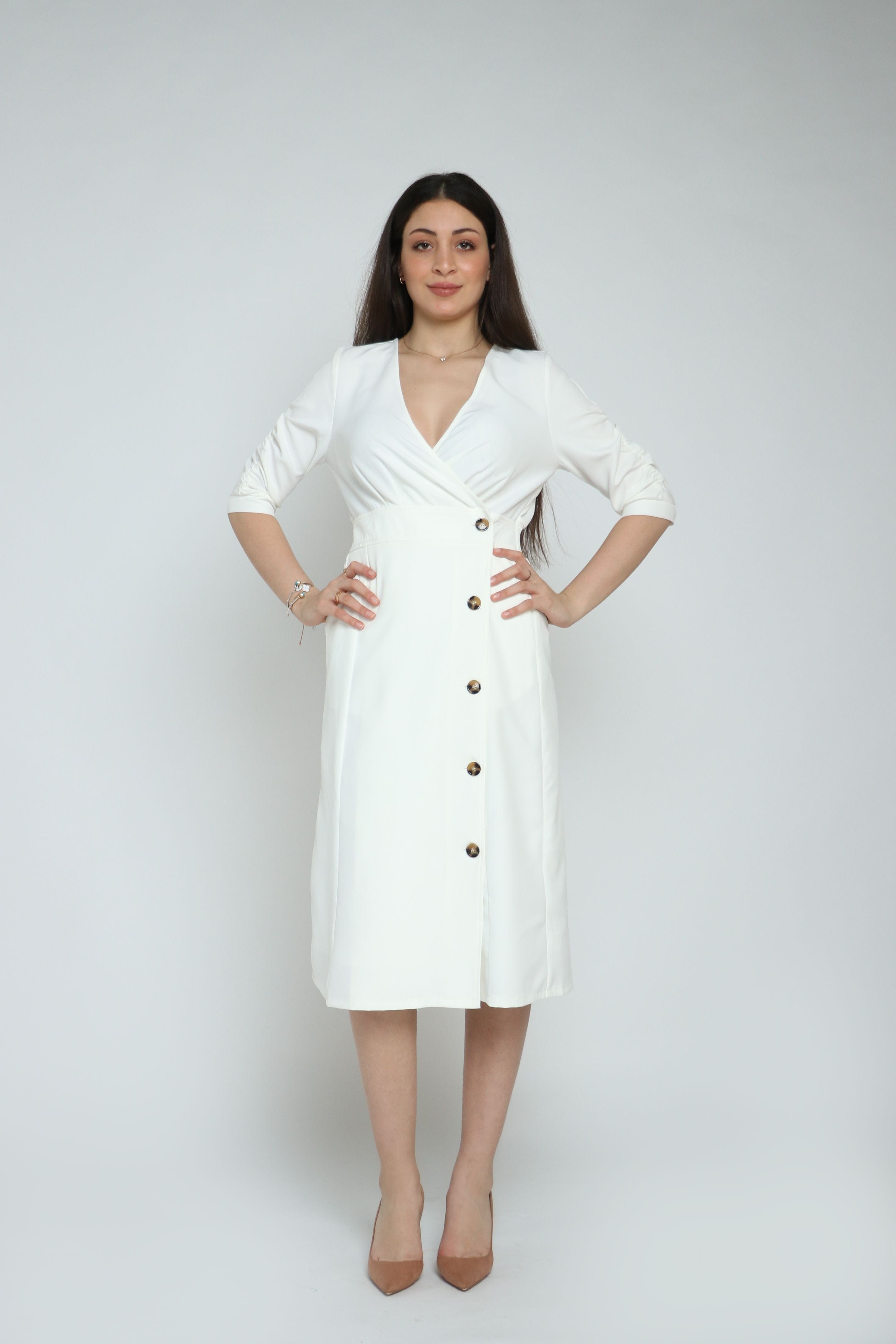 نتشي فستان فورمال بأزرار أمامية كم طويل نسائي