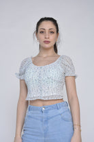 نتشي بلوزة هاي ويست منقوشة ورود صغيرة كم منفوش قصير نسائي أوف وايت