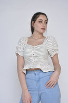 نتشي بلوزة مقلمة بالطول كم قصير بف بأزرار أمامية نسائي