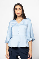 نتشي بلوزة رسمية ناعمة مزينة بأزرار أمامية وخصر كلوش 3/4 كم نسائي