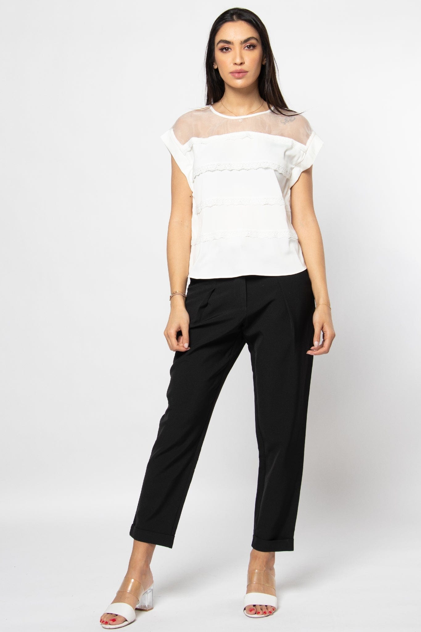 نتشي بلوزة رسمية مزينة بالدانتيل بأكتاف شيفون نسائي