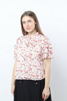 نتشي بلوزة مزهرة بفتحة صدر كم قصير مكشكش نسائي