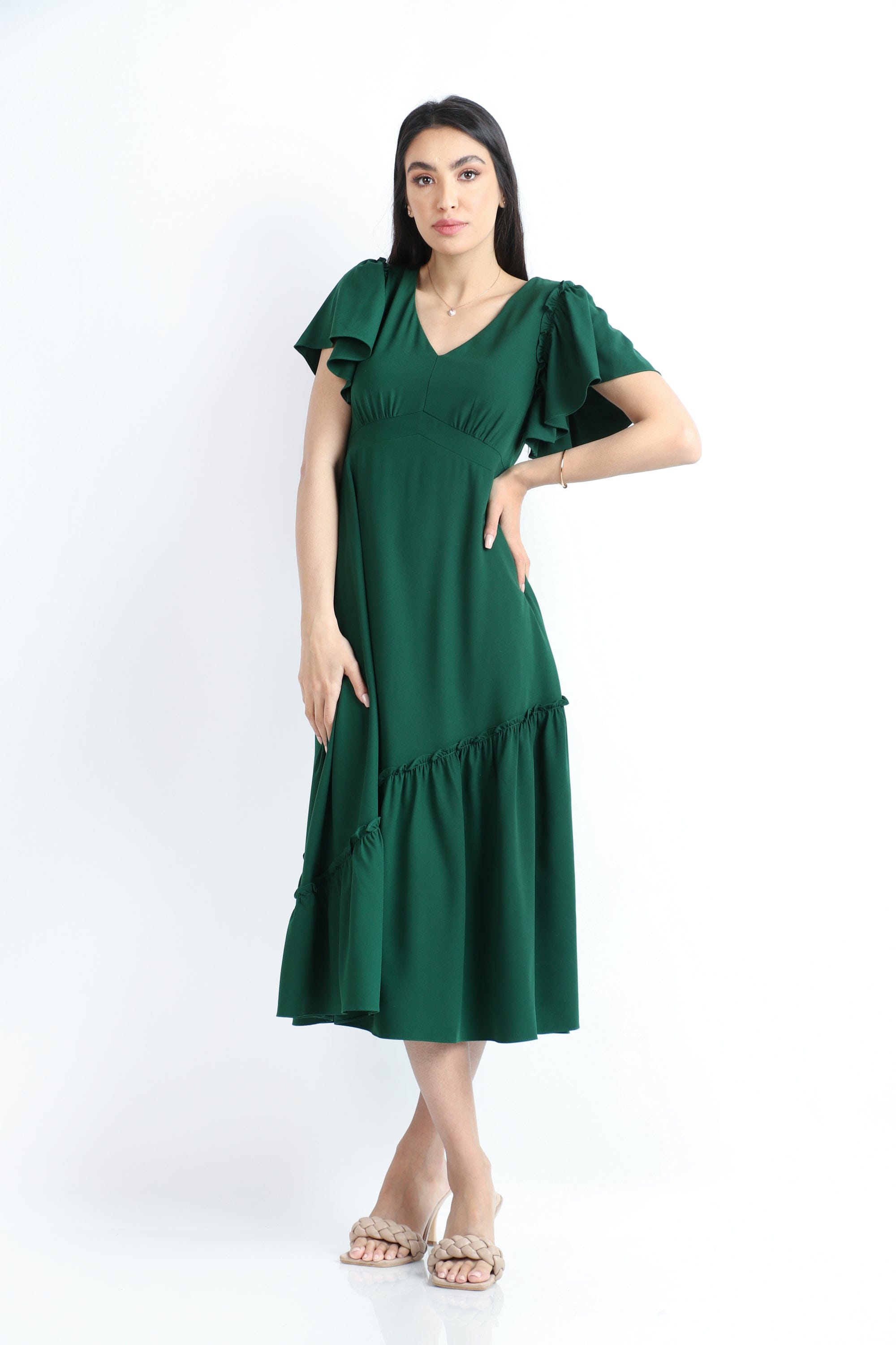 نتشي فستان ميدي سادة ناعم فتحة صدر شكل V بكم قصير