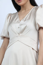 نتشي فستان طويل سادة ناعم مخصر كم قصير منفوخ