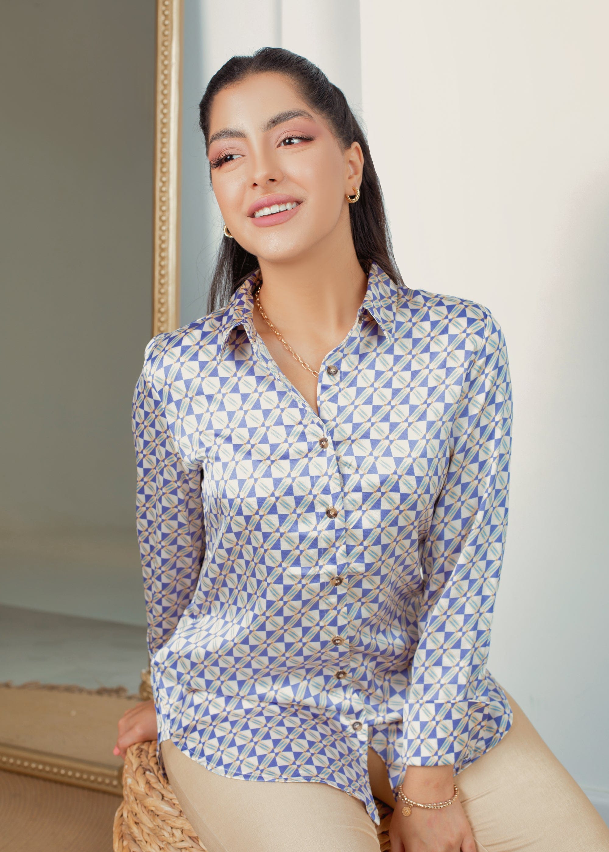 نتشي قميص منقوش ناعم كم طويل نسائي