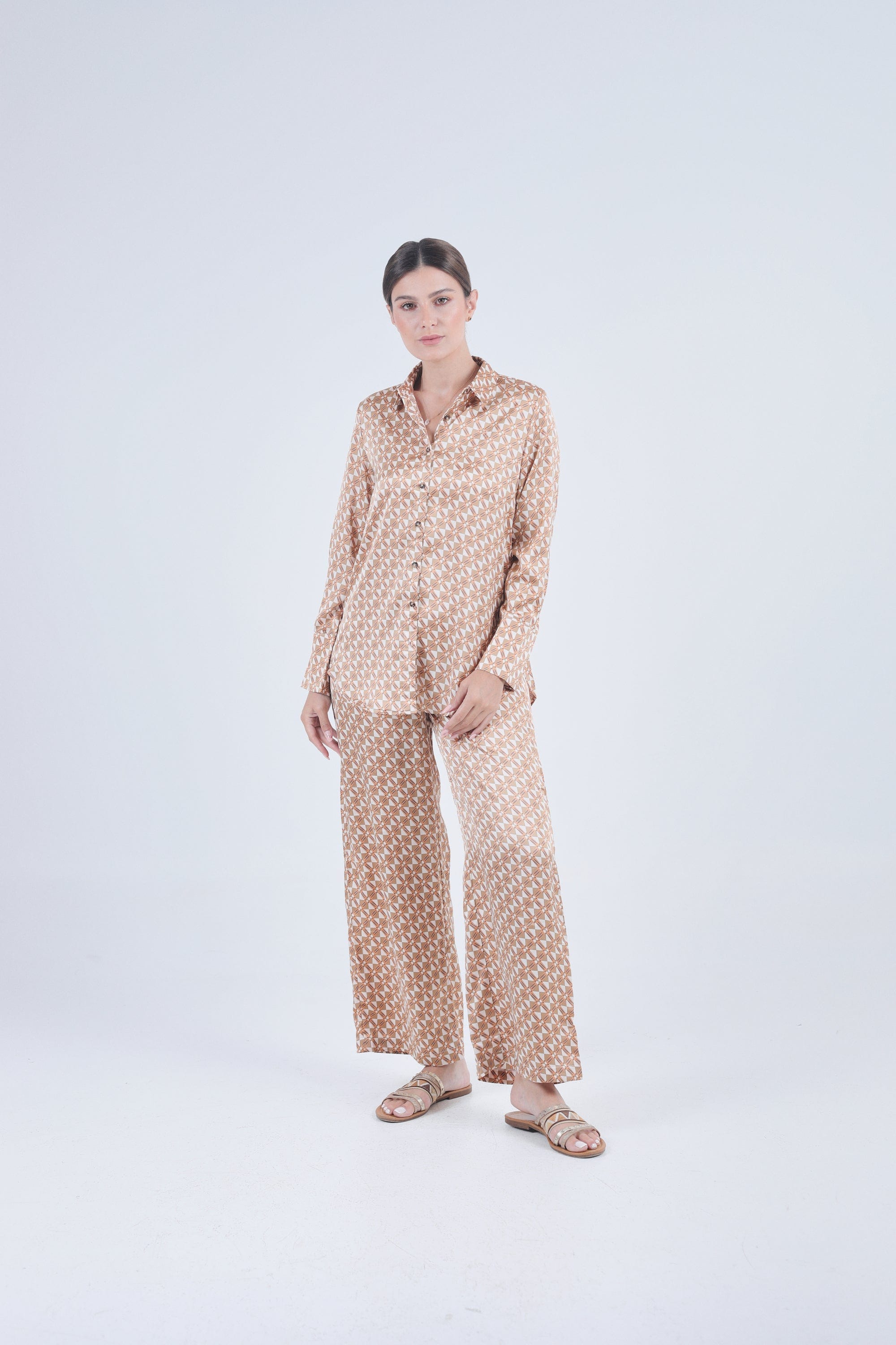 نتشي قميص منقوش ناعم كم طويل نسائي