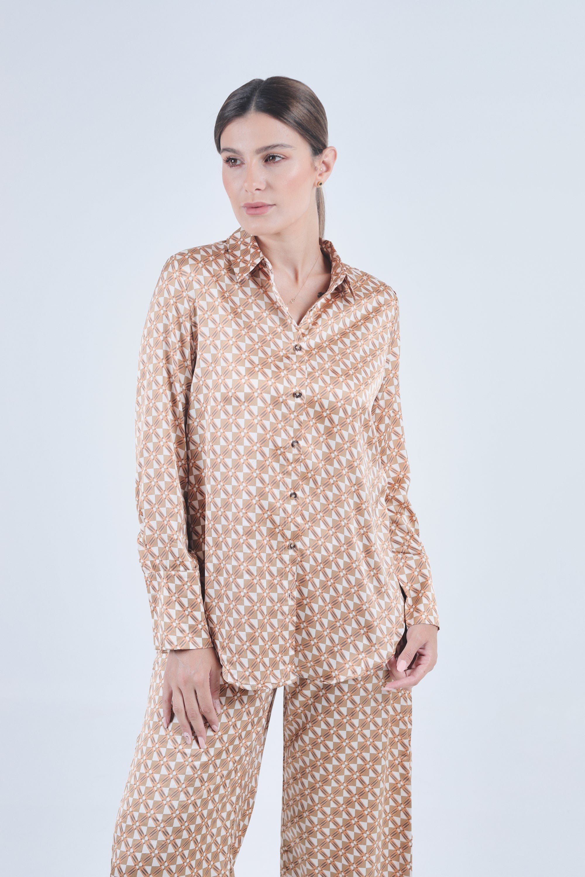 نتشي قميص منقوش ناعم كم طويل نسائي