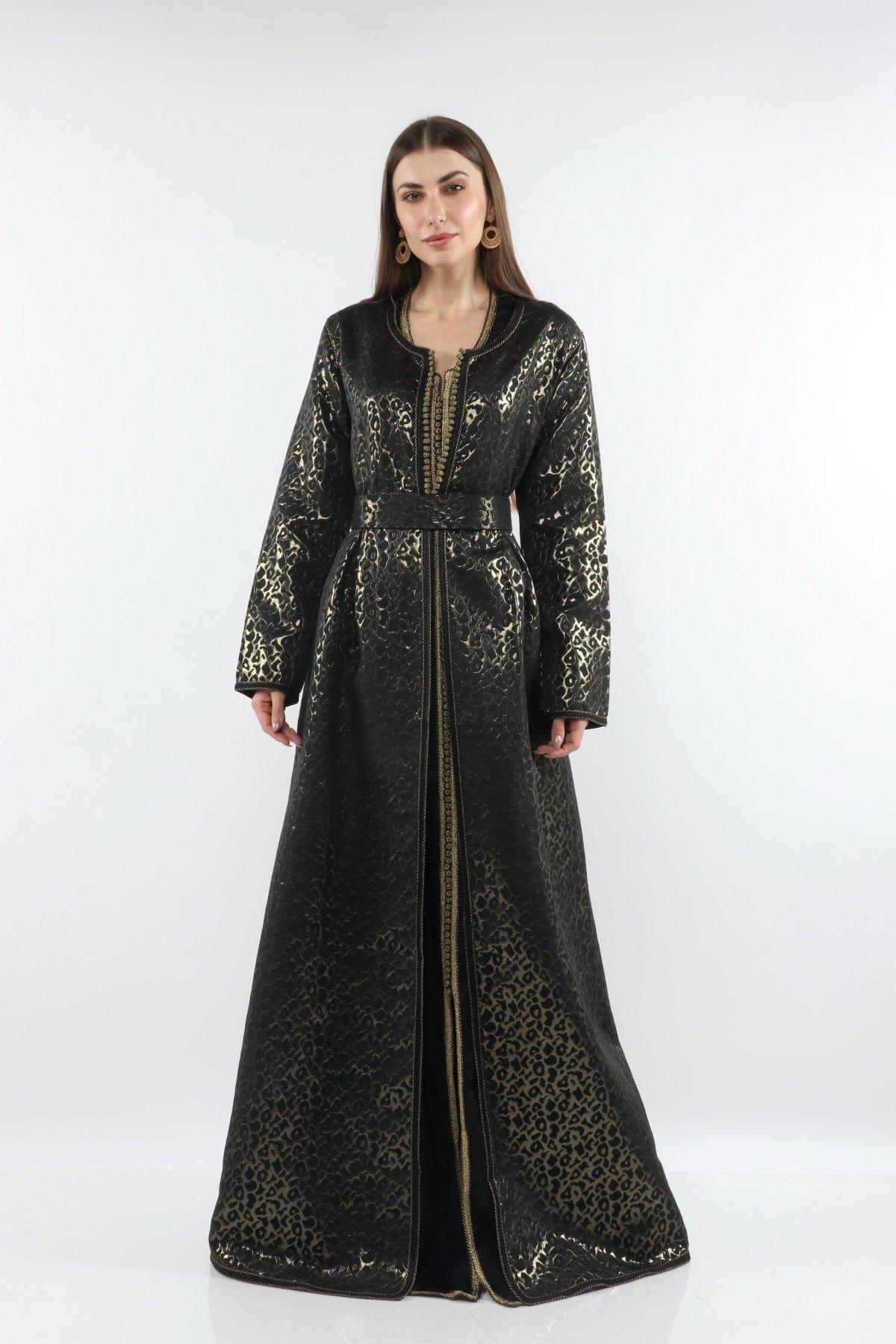 ديامانتين قفطان نسائي بحزام عريض لامع بكم طويل أسود