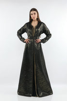 ديامانتين قفطان نسائي بحزام عريض لامع بكم طويل أسود