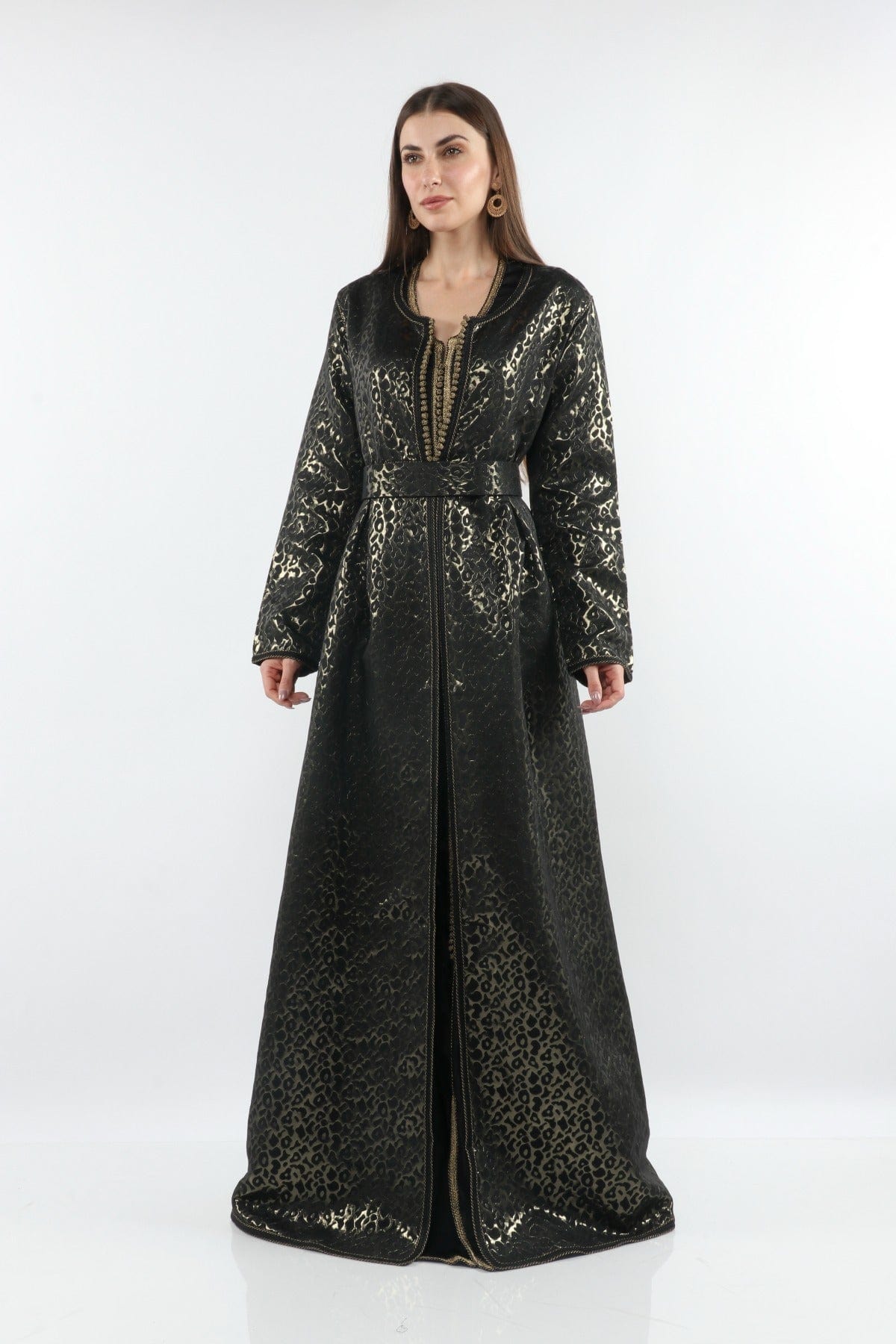 ديامانتين قفطان نسائي بحزام عريض لامع بكم طويل أسود