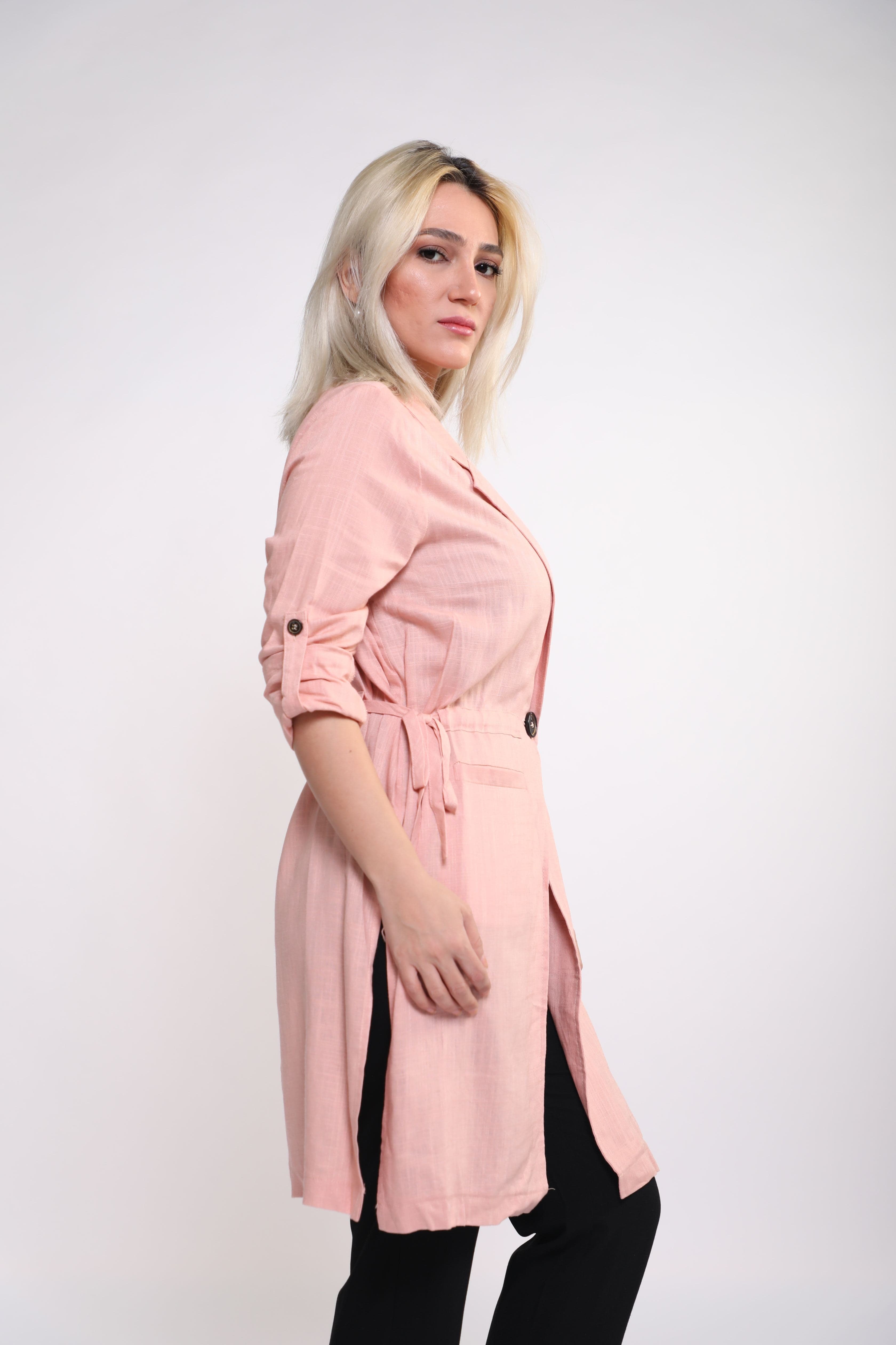 نتشي سترة سادة طويل بزرار بأكمام طويلة