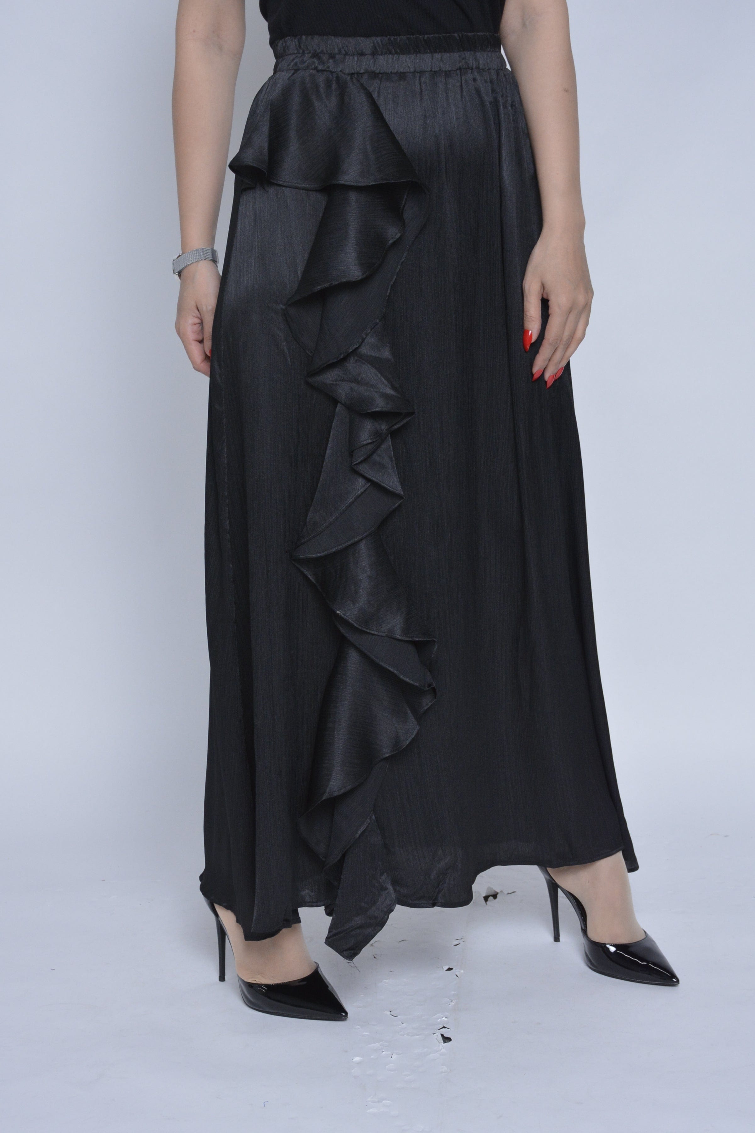 نتشي تنورة طويلة سادة لامعة بكشكش من أعلى لأسفل نسائية