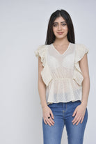 نتشي بلوزة منقطة مخصرة كم قصير مكشكش نسائي