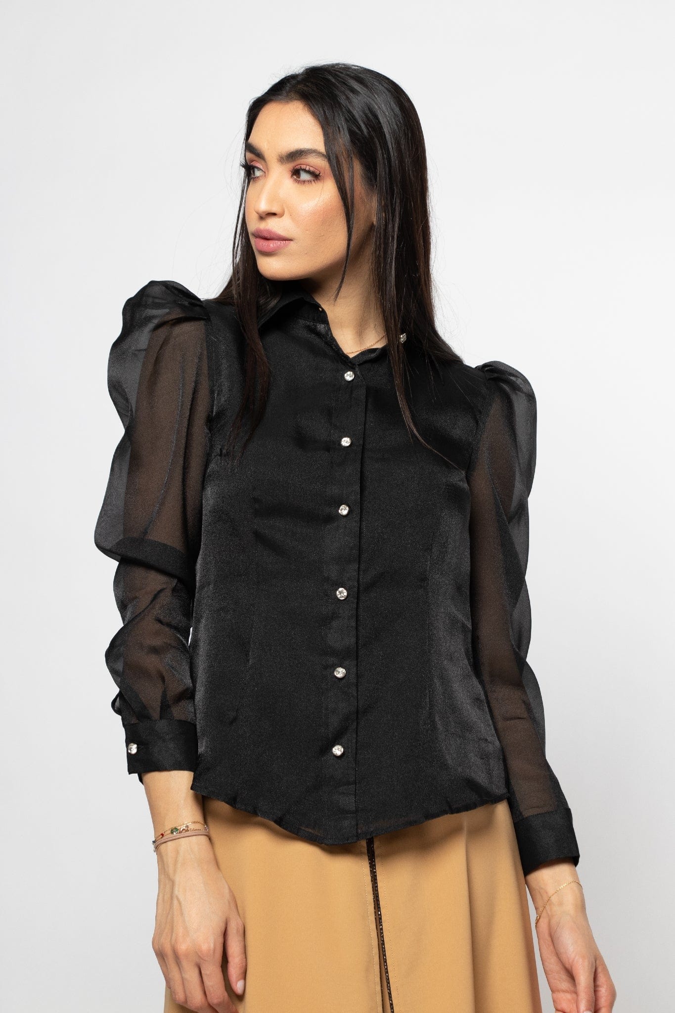 نتشي بلوزة بأزرار بياقة رسمية كم طويل شفاف نسائي