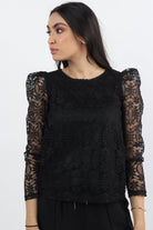 نتشي بلوزة دانتيل مبنطة كم شفاف طويل نسائي