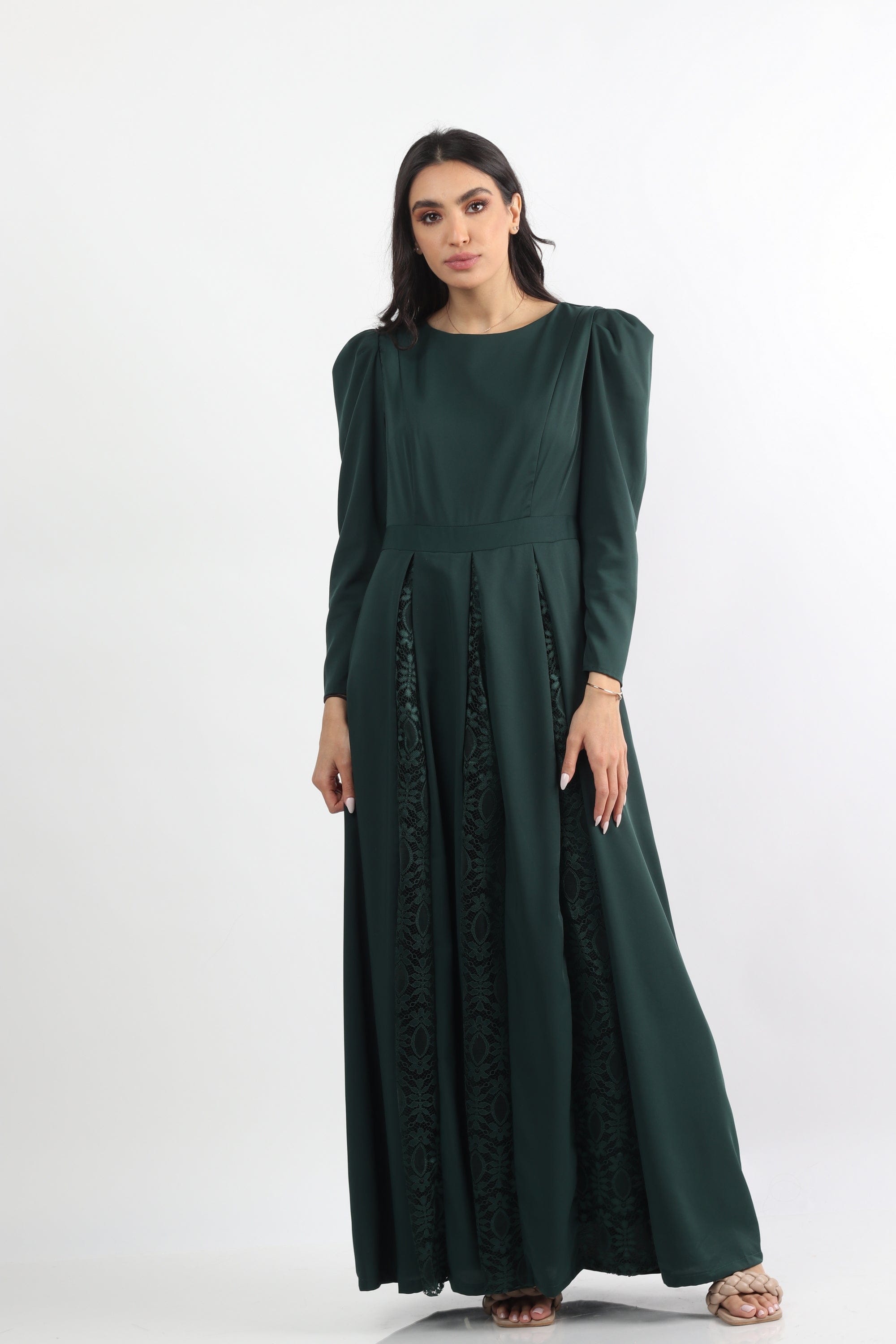 Shop Green Maxi Long-Sleeve Dress - A-Line, Lined Polyester