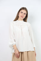 نتشي بلوزة شيفون مكشكشة من الصدر كم طويل منفوخ نسائي