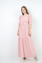 نتشي فستان ماكسي شيفون مكشكش من الصدر مزين بحزام