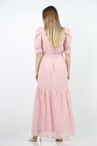 نتشي فستان ماكسي شيفون مكشكش من الصدر مزين بحزام