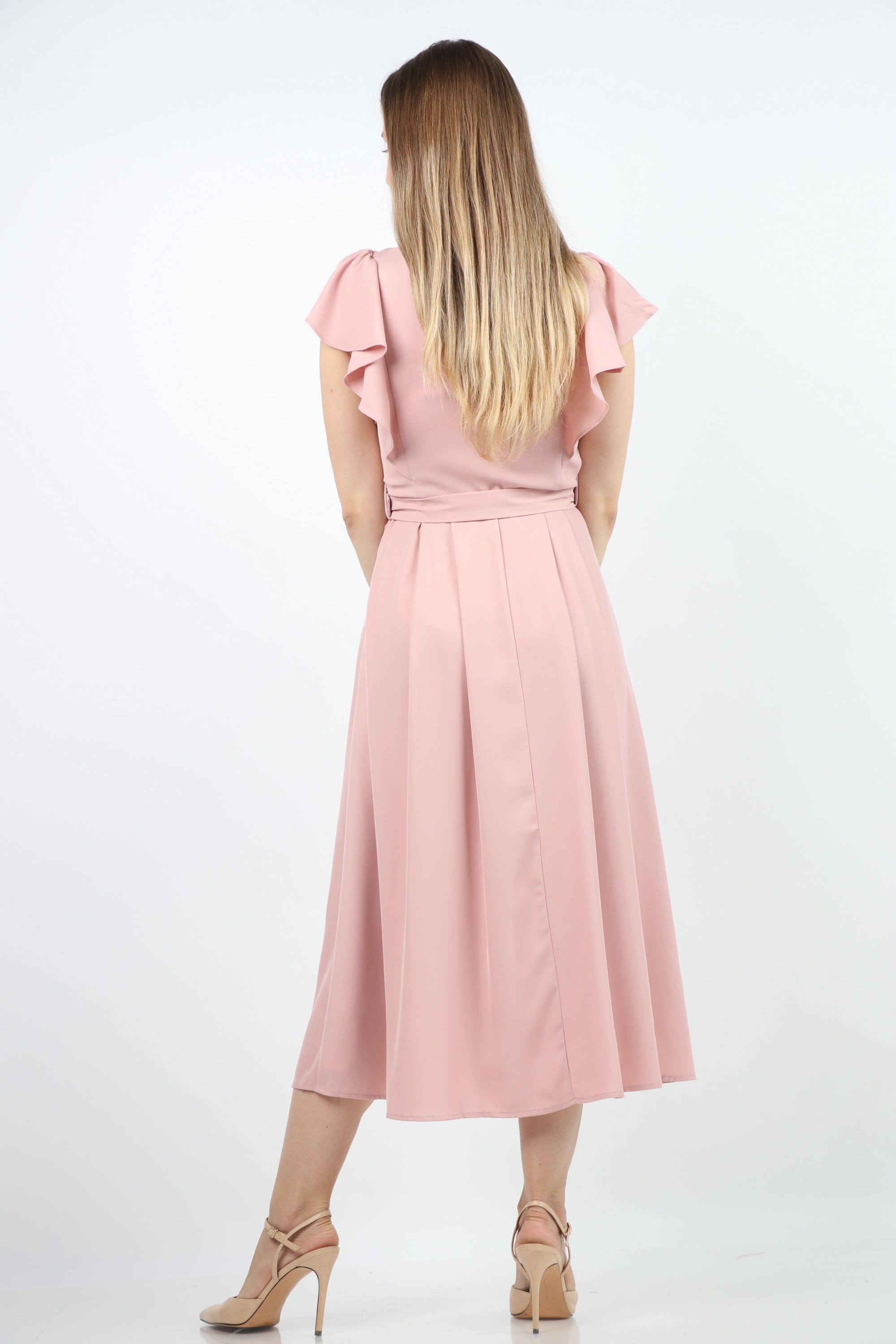 نتشي فستان بأكمام فراشة ميدي ملحق بحزام