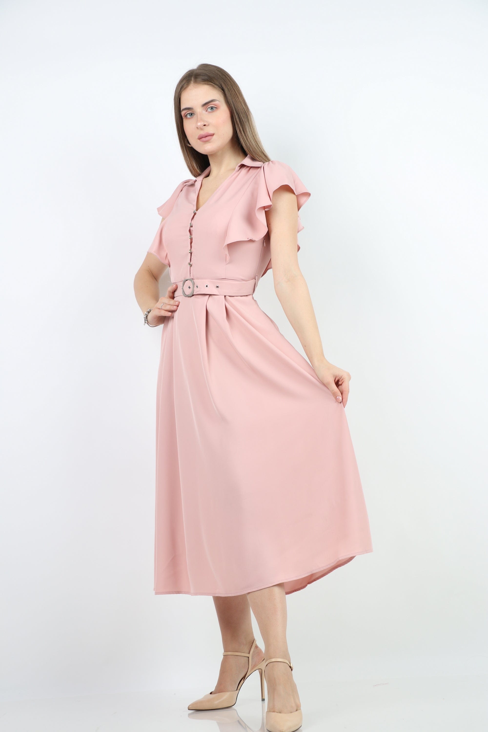 نتشي فستان بأكمام فراشة ميدي ملحق بحزام