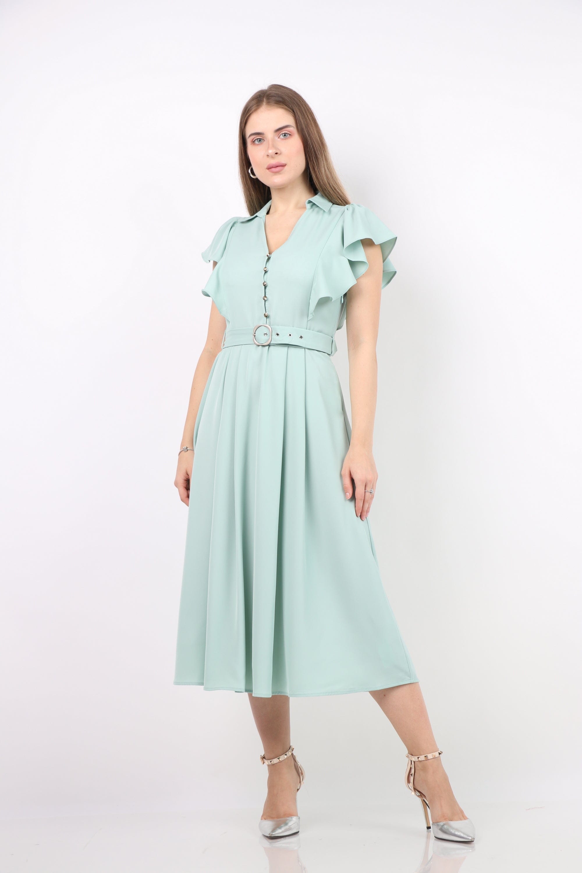 نتشي فستان بأكمام فراشة ميدي ملحق بحزام