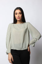 نتشي بلوزة رسمية منقوشة بكم طويل منفوخ نسائي الباستيل الأخضر