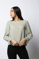 نتشي بلوزة رسمية منقوشة بكم طويل منفوخ نسائي الباستيل الأخضر