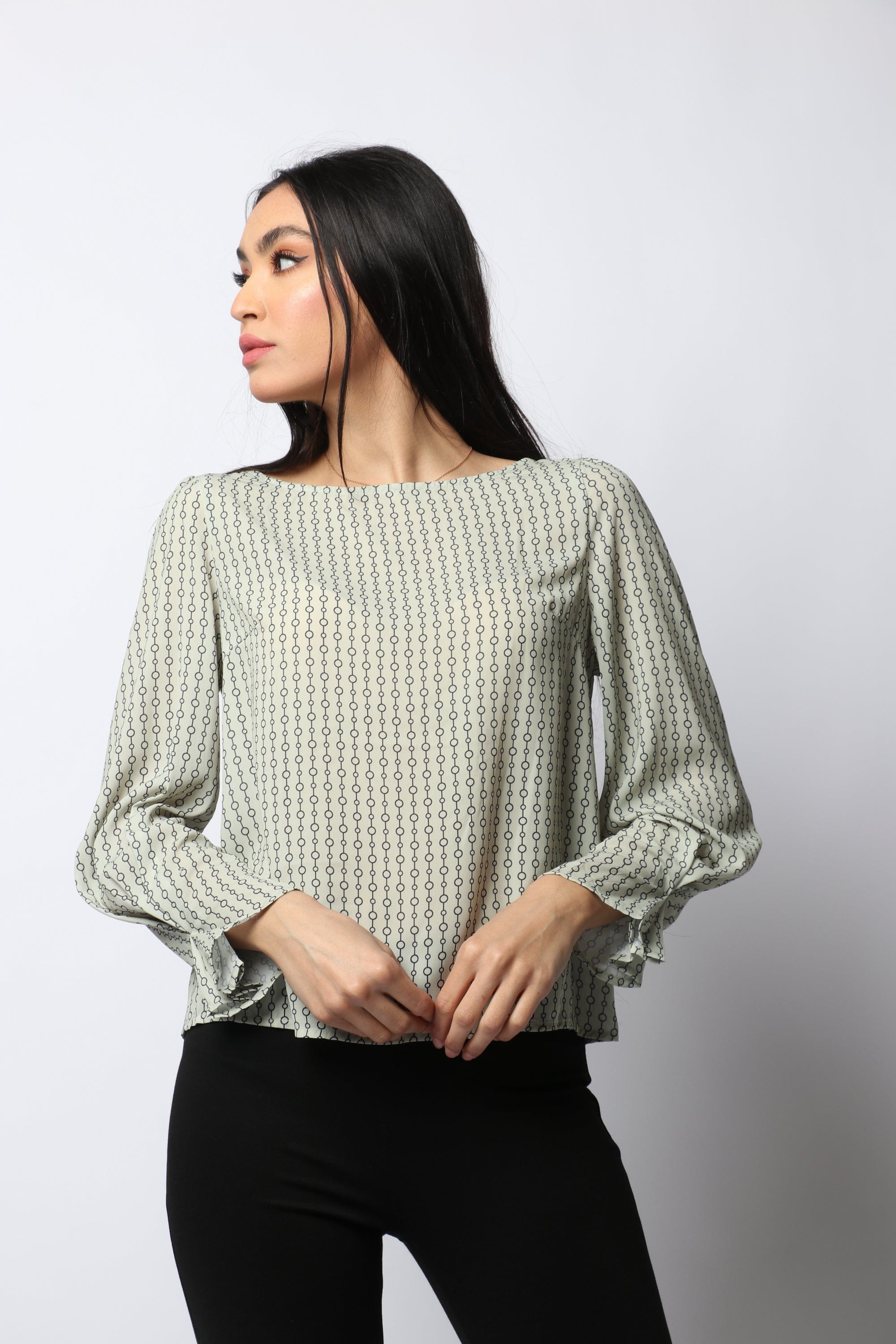 نتشي بلوزة رسمية منقوشة بكم طويل منفوخ نسائي الباستيل الأخضر