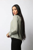 نتشي بلوزة رسمية منقوشة بكم طويل منفوخ نسائي الباستيل الأخضر